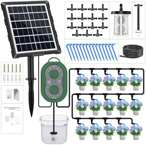 50FT Automatic Solar Drip Irrigation System, Solar Automatic Plant Waterer Kit, Supported 15 Pots, Indoor/Outdoor Irrigation Kit for Garden, Balcony & Patio Vacation Free