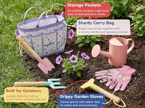 Gardening Set, Tool Kit, for Kids, STEM, Includes Tote Bag, Spade, Watering Can, Rake, Fork, Trowel and Gloves, Egg Hunt