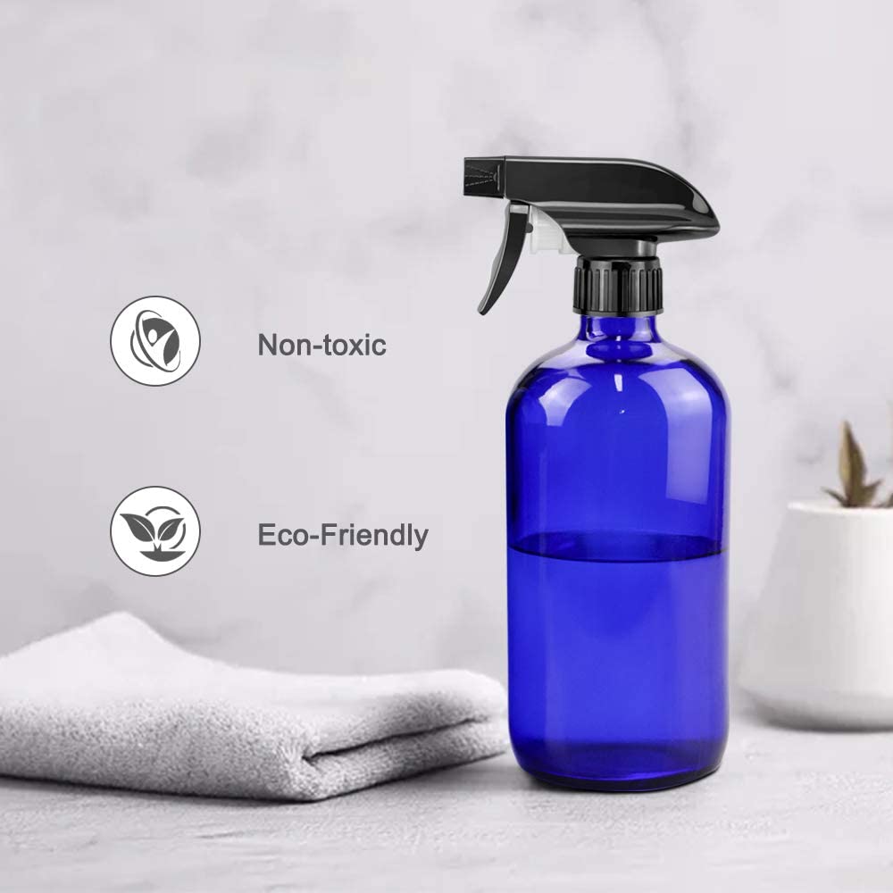 Glass Spray Bottles, 16oz Blue Glass Spray Bottles with Labels & Adjustable Nozzle, Reusable Containers for Cleaning, BBQ, Food, Plants, Alcohol, Essential Oils(1 Pack)