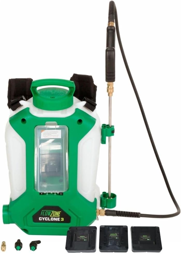 FlowZone Cyclone 3 Battery Powered Backpack Sprayer - Variable-Pressure 5-Position Electric Sprayer Compatible with FlowZone, De-Walt, Milwaukee, Makita, & Bosch Batteries (Battery Not Included)