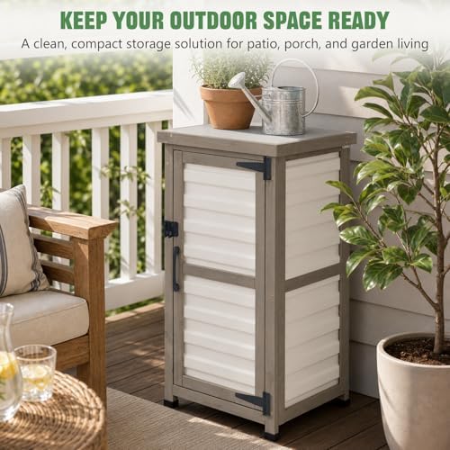 Outdoor Storage Cabinet, 33.5" H Compact Patio Storage Cabinet with Plastic Door Panels, Wood-Style Frame, 2-Tier Outdoor Organizer for Porch, Balcony, Backyard, Garden Supplies, Gray & White