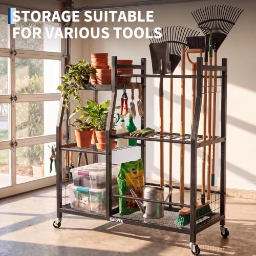3-Tier Garden Tool Organizer with Wheels, Heavy-Duty Steel Garage Rack