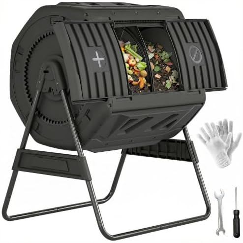 Outsunny Compost Bin Outdoor, 53 Gal Dual Chamber Compost Tumbler, Black