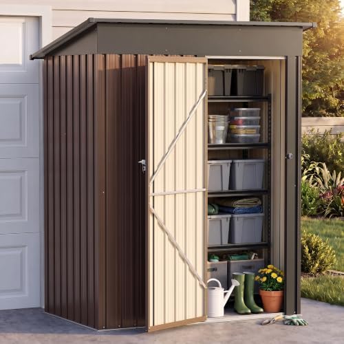 LAUSAINT HOME 5 x 3 FT Outdoor Storage Shed, Tool Shed with Lockable Door, Air Vent & Sloped Roof for Backyard, Patio, Brown