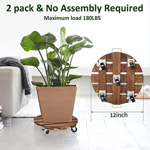 2pack Plant Caddy 12’’Wood Duty Rolling Plant Stand with 2 360° Lockable Caster Wheels,Indoor Outdoor on Roller Patio/Flower Pot/Succulent Pots