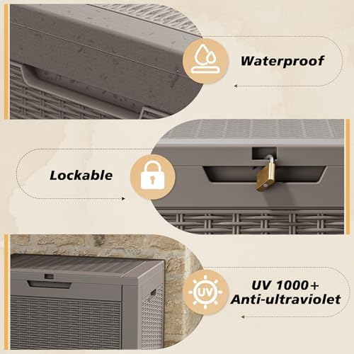 Fancyango 34 Gallon Outdoor Storage Deck Box Waterproof, Rattan Grey