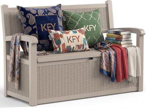 120 Gallon Outdoor Storage Bench Lockable, Rattan Grey