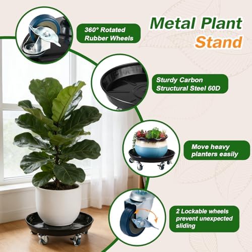 Planterhoma 3 Packs 16" Metal Plant Caddy with Wheels Extra-Large Rolling Plant Stand Heavy-Duty Plant Dolly with Casters Indoor Outdoor Wheeled Flower Pot Mover Rollers Garden Cart Trolley, Black