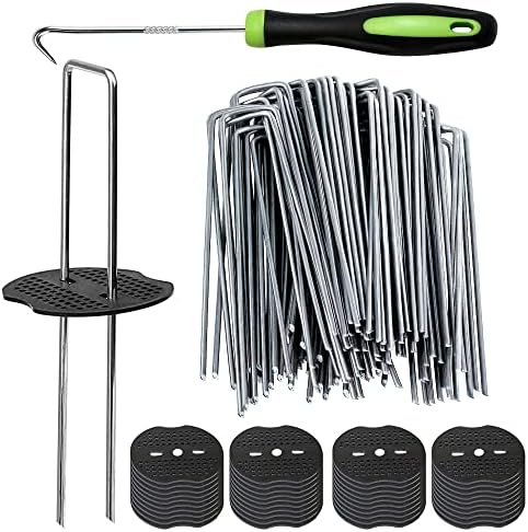 Bakulyor 150Pcs Landscape Staples + 150Pcs Gasket, 6 Inch Garden Stakes Staples 11 Gauge U Shaped Galvanized Lawn Landscape Pins, Heavy Duty Yard Ground Pin for Weed Barrier Sod Fabric Decorations
