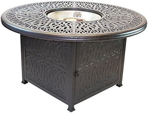 Grand Tuscany Outdoor Patio 7 pcs Round Fire Gas 52" Dining Set Dark Bronze Cast Aluminum Sunbrella Cushions