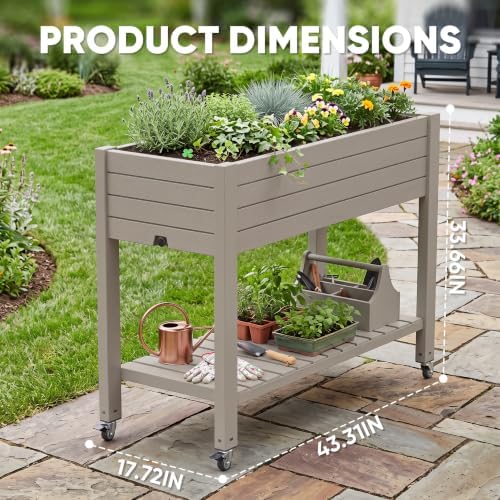 2 Outdoor Patio Raised Garden Bed Elevated Planter Box Resin Plant Stand Gardening with Storage Shelf Legs Wheels Drainage Water Gauge,Grey