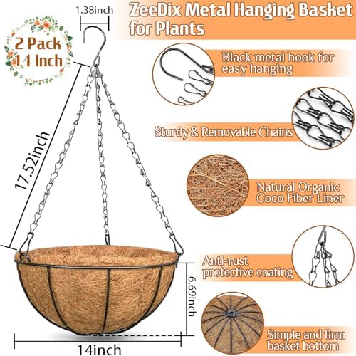 2 Pack 14 Inch Hanging Baskets for Plants Outdoor, Metal Wire Round Planters with Coco Liner, Hanging Flower Baskets for Home Garden Porch Balcony Railings Decor