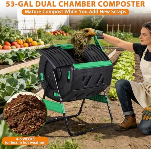 JupiterForc Outdoor Compost Bin 53 Gallon, Dual Chamber Compost Tumbler with Soil Tester, Thermometer & Gloves, Large Garden Composter for Backyard, Garden, Yard Waste and Kitchen Scraps