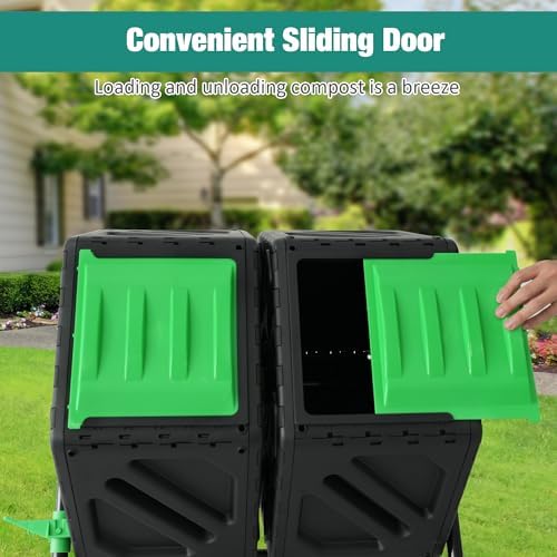 42 Gallon Dual Chamber Compost Tumbler - Outdoor Rotating Bin with Sliding Doors for Easy Turning - All Season Composter for Quick Recycling
