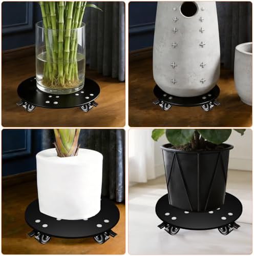 KAXIWEI Plant Caddy with Wheels, Heavy Duty Aluminum Plant Stand, 3.0mm Thick Rolling Plant Dolly Supports up to 500 lbs, Fits 12 Inch Pots for Indoor Outdoor Patio Garden, Black