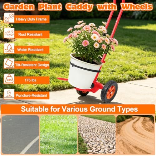 Plant Caddy with Wheels, Heavy Duty Plant Dolly Caddy Cart, 175LBS Plant Mover Cart with Adjustable Grabbing Arm, Strap, Suction Cups for Garden Courtyard Office Indoor Outdoor Pots Use, Orange
