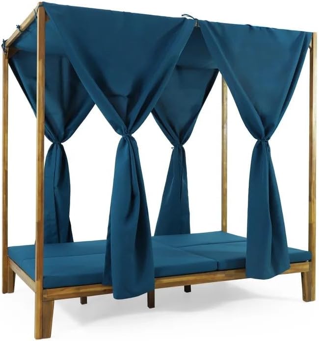kevinplus Outdoor Patio Sunbed Daybed with Adjustable Reclining Chaise Lounge & Water-Resistant Canopy & Curtain, Solid Wood Construction, Blue