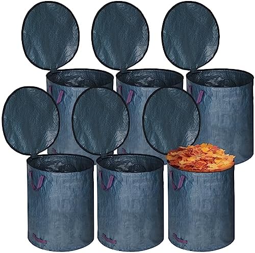 Windyun 6 Pack Leaf Bags with Lid Reusable Yard Waste Bags with 4 Handles Heavy Duty Garden Bags for Leaves Collapsible Container for Lawn (Blue Gray, 72 Gallons)