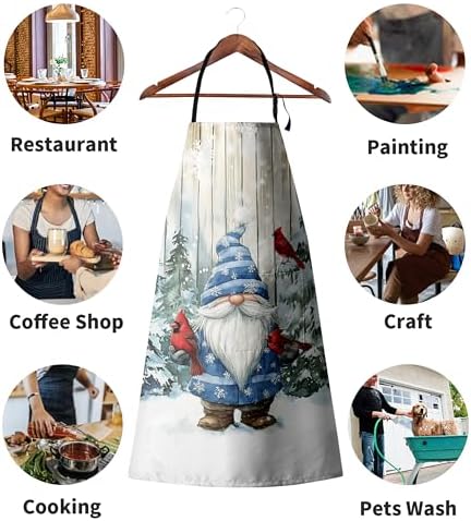 Blue Christmas Gnome Apron Gnome Cardinal Birds Kitchen Apron Winter Aprons with Adjustable Strap Snowy Trees Snowflakes Aprons with Two Pockets for Cooking Baking Crafting Painting