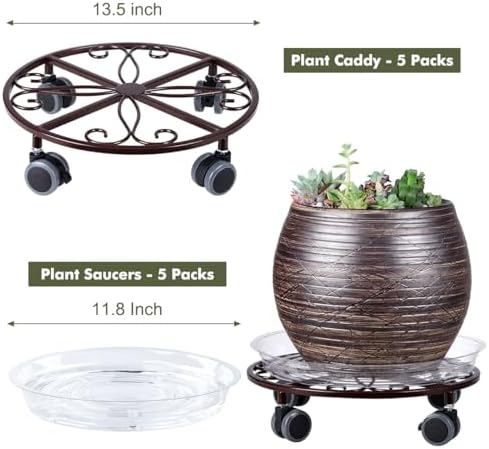 5 Pack Plant Caddy with Wheels & Saucers, Heavy Duty 13.5 Inch Metal Plant Stand with Wheels, Plant Dolly Rolling Plant Stand Plant Roller with Casters for Indoor and Outdoor, Bronze