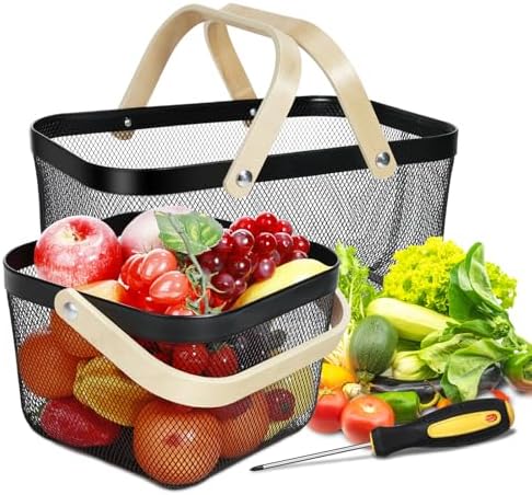 2 Pack Garden Harvest Basket, Metal Mesh Wire Picnic Basket with Handle