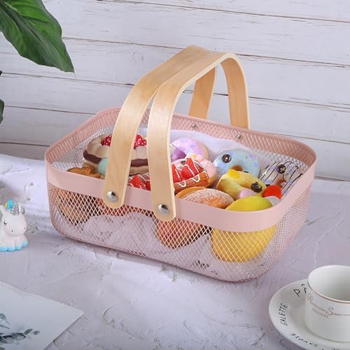 AJIODA Metal Mesh Steel Basket, Storage Organizer Basket Garden Harvest Basket Multi-functional Kitchen Fruit Baskets Bin with Wooden Handle for Bathroom Picnic Shopping Decor Cabinet Home, Pink