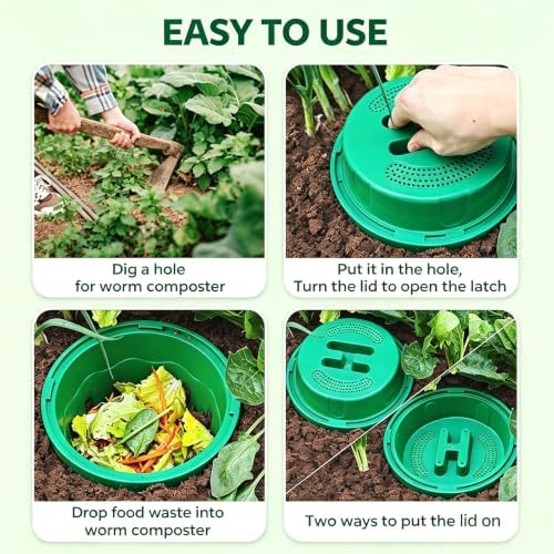 2-Pack Inground Worm Composter, 8L Underground Worm Farm with Aeration & Animal-Proof Lid, Food Waste Recycler for Garden Beds, Easy for Beginners, Green