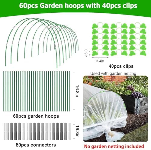 60pcs Garden Hoops for Raised Beds Wide, 8ft Greenhouse Hoops Grow Tunnel for Row Cover Netting, Adjustable Fiberglass Rust-Free Garden Bed Plant Hoops Support DIY Frame Stake for Outdoor, 40pcs Clips