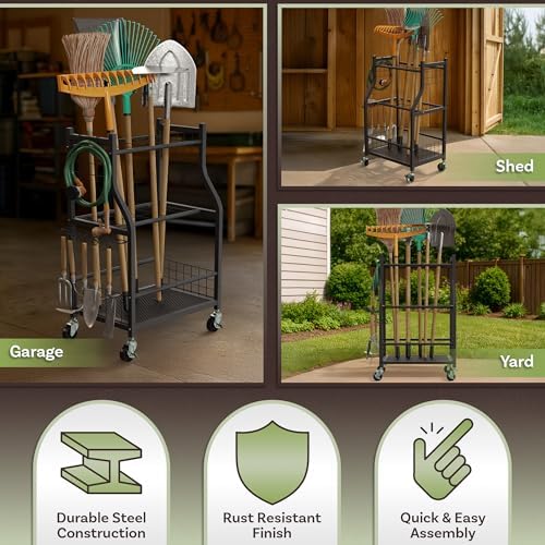 Garage Garden Tool Organizer with Wheels - Yard Tool Storage Rack with 28 Slots for Long Handles, 10 Hooks, 2 Cord Wrappers, and Locking Wheels - Shed or Garage Organization by Pure Garden