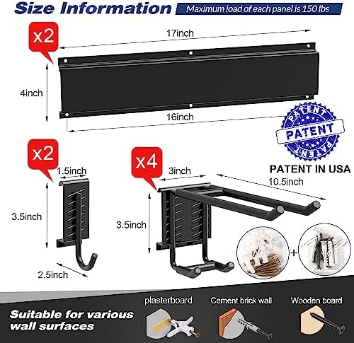 Garage Wall Organizer, Heavy Duty Tool Hangers for Garage Wall with 6 Double Hooks & 2 Rails, Tool Organizer Wall Mount, Garage Hanging Storage Rack for Shovel, Rake, Broom and Ski Gear