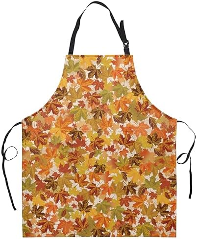 Fall Aprons Colorful Maple Leaves Kitchen Apron With 2 Pockets Autumn Burnt Orange Red Maple Leaf Cooking Apron With Adjustable Neck Strap for Baking Crafting Gardening