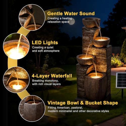38.2" Solar Fountain Outdoor Garden 4 Tiers Stone Texture Modern Fountain