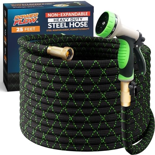 Non-Expandable Garden Hose 25 Ft, Stainless Steel Metal, Kink-Free Black
