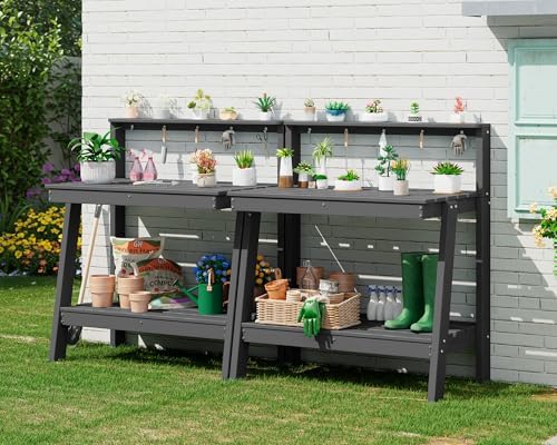 SERWALL 3-Tier Outdoor Potting Bench with Storage,Gardening Table,Grey,2PC