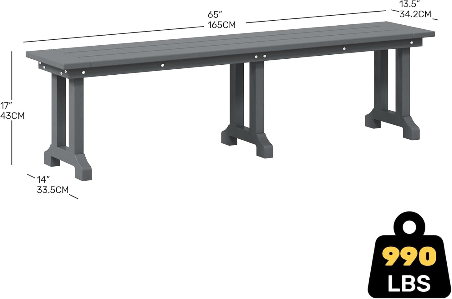 Outdoor Benches Weatherproof, Park Long Bench Poly Lumber Backless for Entryway Front Porch Garden Bench Seat for Patio, Gray