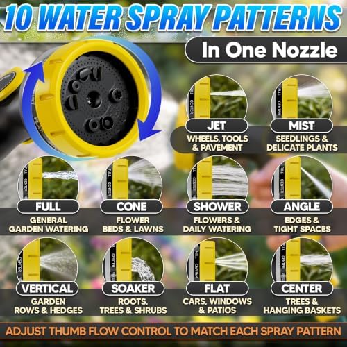Garden Hose Nozzle, 10 Spray Patterns, Thumb Flow Control, Yellow