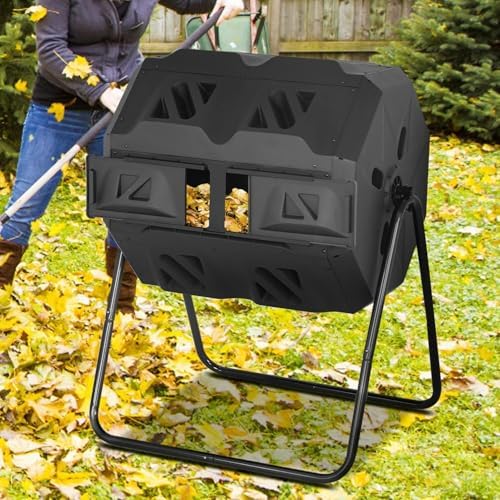 Outdoor Dual Chamber Tumbling Composter - 43 Gallon Compost Tumbling Bin,360° Compost Tumbler Bucket Trash Can,Composter BPA Free Dual Chamber Composting Rotating for Garden Yard (Black)…