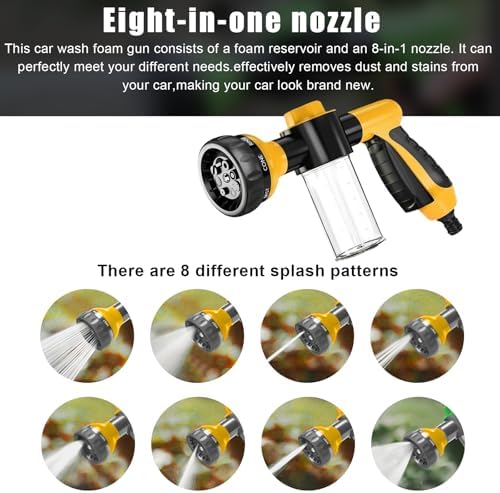 Wevdn Car Wash Nozzle, High Pressure 8 Adjustable Patterns Sprayer with Soap Dispenser, Universal Garden Hose Foam Nozzle for Car Washing and House Cleaning, Car Accessories (Yellow, 4 Connectors)