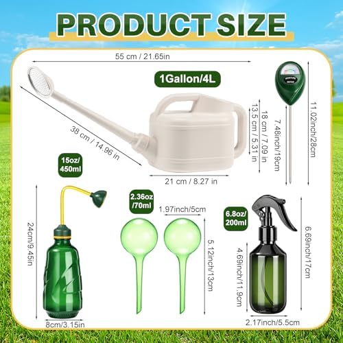 Reallnaive 6-piece Indoor Watering Can Set – 1 Gal Can, 6.8 oz Spray, 15 oz Squeeze, Plant Watering Globes & Soil Moisture Meter, Indoor & Outdoor Plant Care(White)