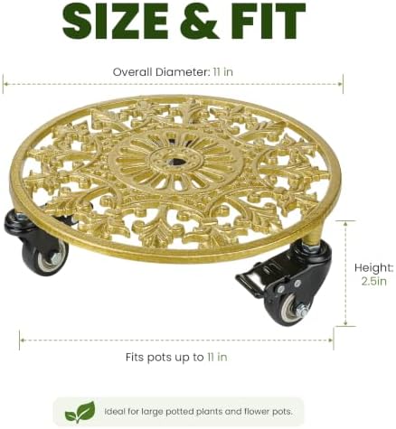 2 Pack 11" Heavy Duty Round Metal Plant Caddy with Wheels, Gold