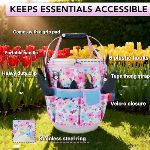 KUNN Gardening Gift for Women Men 5 Gallon Bucket Tool Organizer with 18 Pockets, Heavy-Duty Bucket Buddy Caddy Bag, Garden Tools Organizer Storage with Comfort Grip Handle Pad Attachment,Pink