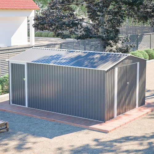 14x10 FT Outdoor Metal Storage Shed, Large Garden Shed Tool Shed with 3 Lockable Doors，Floor Frame & Side Door, Waterproof with 4 Air Vents for Backyard, Patio,Gray