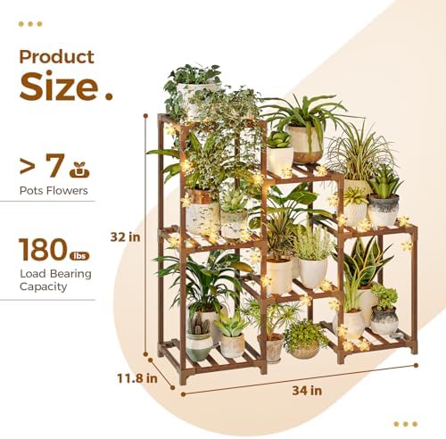 Bamworld Plant Stand Indoor with Flower Fairy Lights Battery Plant Shelf
