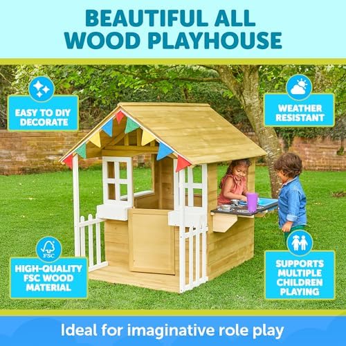 TP Toys Outdoor Kids Kitchen Playset Wooden Playhouse for Kids - Toddler Pretend Play Kitchen, Accessories, Sturdy, Weatherproof, Door, Windows, Sink, Wood Burner Stencils, Easy Assembly, Ages 3+