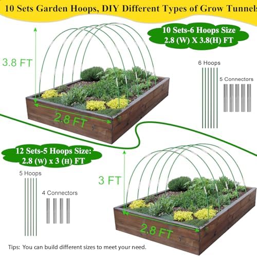 60Pcs Greenhouse Hoops Grow Tunnel Wide, 8FT Rust-Free Fiberglass Support Garden Hoops Kit for Raised Beds Plant Cloth Row Cover Netting-DIY Plant Support Garden Hoop for Netting-40Pcs Clips