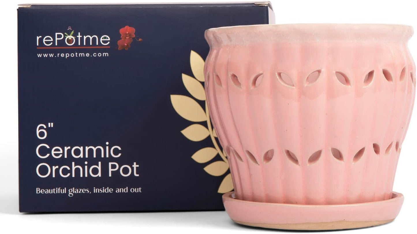 rePotme 6 inch Pinwheel Fluted Ceramic Plant Pot (Cream Over Cotton Candy) - Includes Free 6 inch Slotted Pot Liner - Great for Orchids, Succulents, and All Indoor Plants