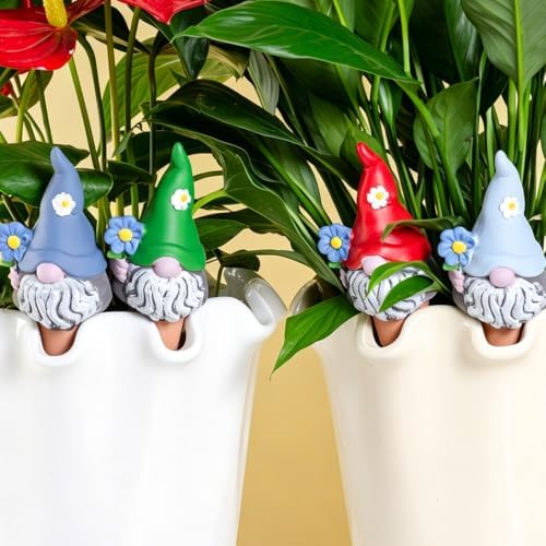 4 Pack Terracotta Watering Spikes, Vacation Self-Watering Planters Devices - Continuous Moisture with Slow Release Watering System - Perfect for Indoor Outdoor Plants (Cute Gnome)