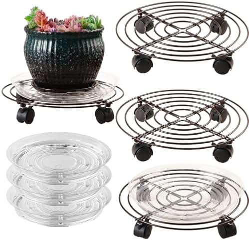 3 Packs Large Metal Plant Caddy with Wheels 13" Heavy-duty Wrought Iron Rolling Plant Stands with Casters Plant Dolly Plant Roller Base for Indoor and Outdoor Plant Pot Movers Saucers Brown