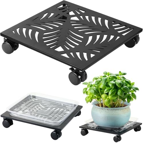 1 Pack 12" Metal Square Plant Caddy with Wheels Large Iron Rolling Plant Stand with Casters Heavy-Duty Plant Dolly Coaster Plant Pot Mover Roller Base for Indoor Outdoor, Black