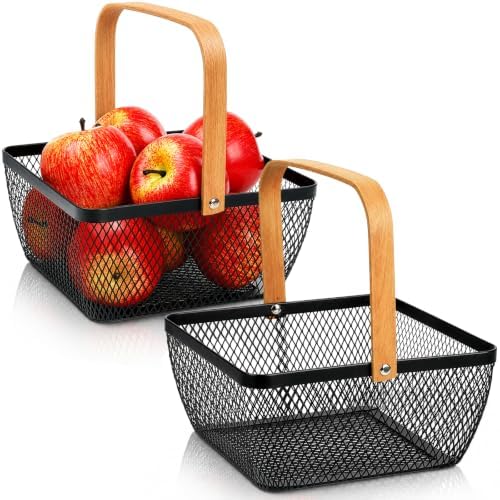 Tebery 2 Pcs Small Wire Mesh Basket with Handle, Metal Fruit Storage Organizer Bin, Grocery Shopping Harvest Market Baskets for Kitchen Counter, Pantry, Picnic, Bathroom, Black
